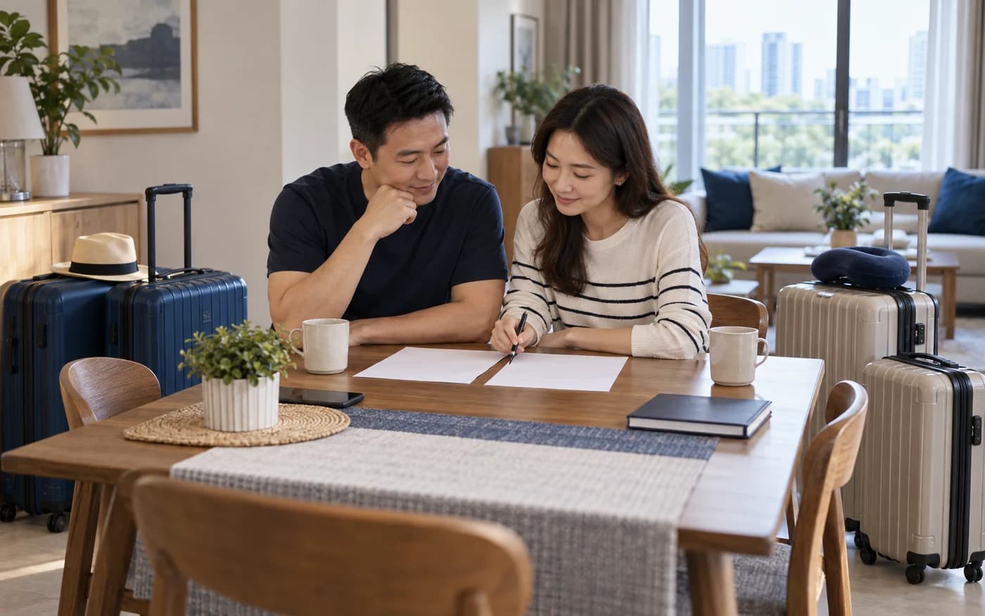 AI-generated editorial scene of a family comparing two airport travel plans beside two separately grouped sets of luggage