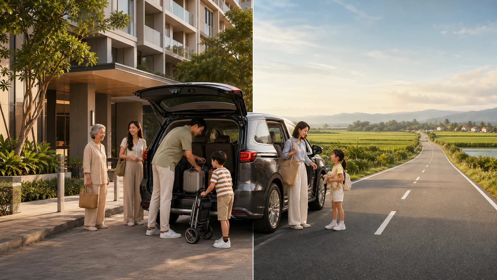 AI-generated editorial illustration of a family preparing luggage for a Singapore to Sekinchan private MPV enquiry