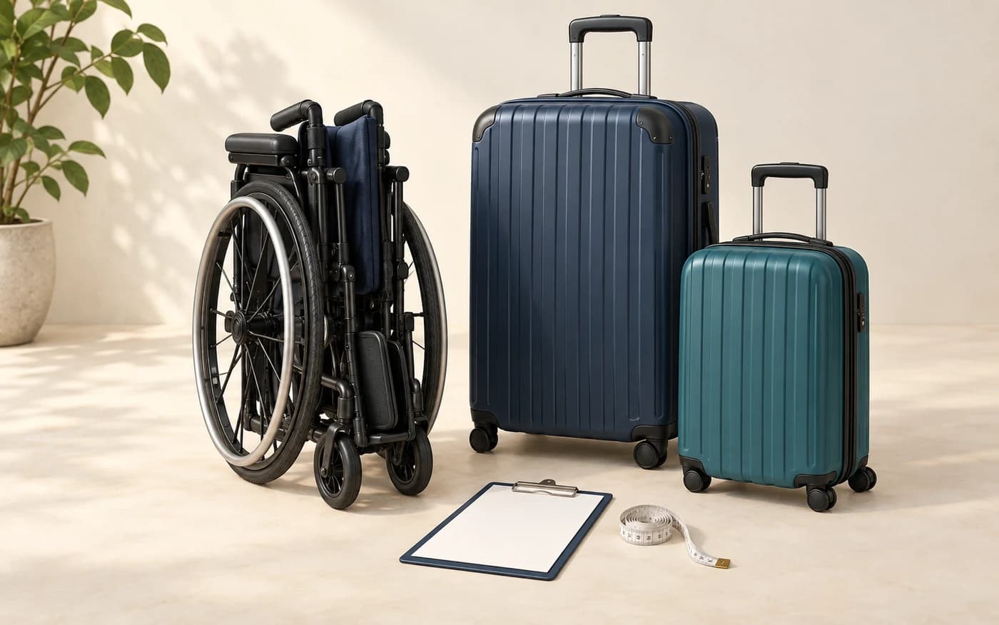 AI-generated planning illustration of a folded manual wheelchair beside two suitcases and a blank checklist